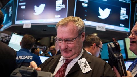 A trader on the floor of the New York Stock Exchange works with the Twitter logo behind him. In November, Twitter priced its initial public offering at $26, higher than its previous range. The price soared almost 73% once it started trading.