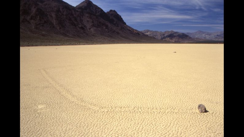 Ordinary stones seem to "sail" over the dry earth, leaving a trail behind, in Death Valley National Park. The prevailing theory for this strange phenomenon involves ice that forms around the stones, causing them to move and to leave a trail in their wake.