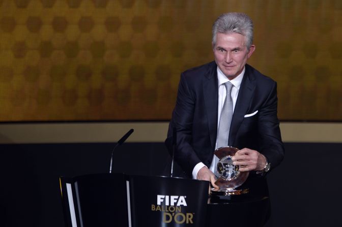 Now-retired Jupp Heynckes receives the Coach of the Year award after leading Bayern Munich to a Champions League, Bundesliga and German Cup treble in 2013.