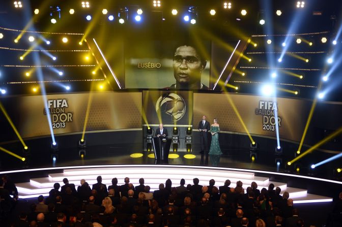 FIFA president Sepp Blatter speaks during a tribute to the late Eusebio, with the Portuguese forward -- who died earlier this month -- having won the Ballon d'Or in 1965.