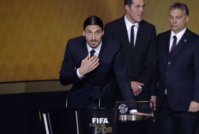 Zlatan Ibrahimovic addresses the audience after winning the FIFA Puskas award for best goal, with the Swede's overhead strike against England deemed better than efforts by rivals Nemanja Matic of Serbia and Brazil's Neymar. 