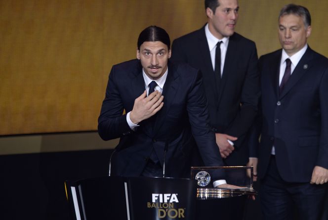 Zlatan Ibrahimovic addresses the audience after winning the FIFA Puskas award for best goal, with the Swede's overhead strike against England deemed better than efforts by rivals Nemanja Matic of Serbia and Brazil's Neymar.