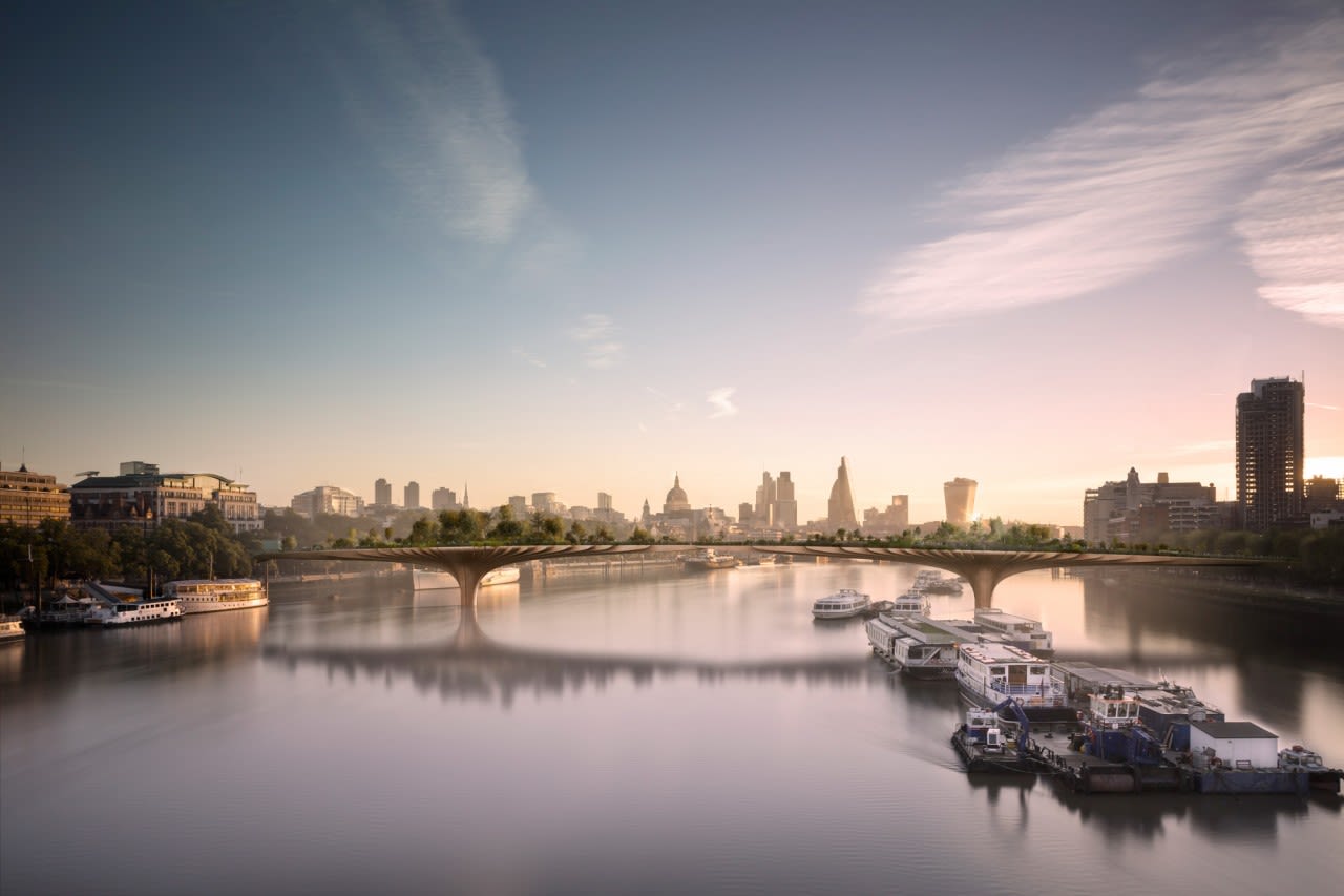 The Garden Bridge will span the 1,204 foot-wide river and contain 2 million pounds of soil, giving root to 270 trees, as well as innumerable shrubs, bushes, and flowers.