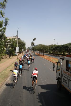 The biggest hazard for competitors? Cars. Pictured, the Tour d'Afrique convoy snakes into Kenyan capital Nairobi. (Pictured, 2013 Tour)