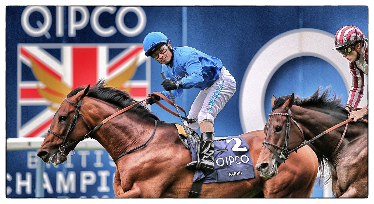 Silvestre De Sousa celebrates after he rides Farhh to win The QIPCO Champion Stakes at Ascot last year.