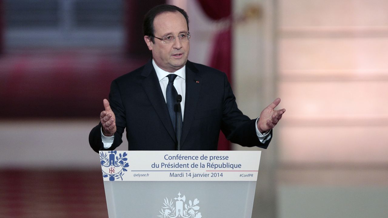 French president Francois Hollande speaks during a press conference to present his 2014 policy plans at the Elysee presidential palace on January 14, 2014, in Paris, France.