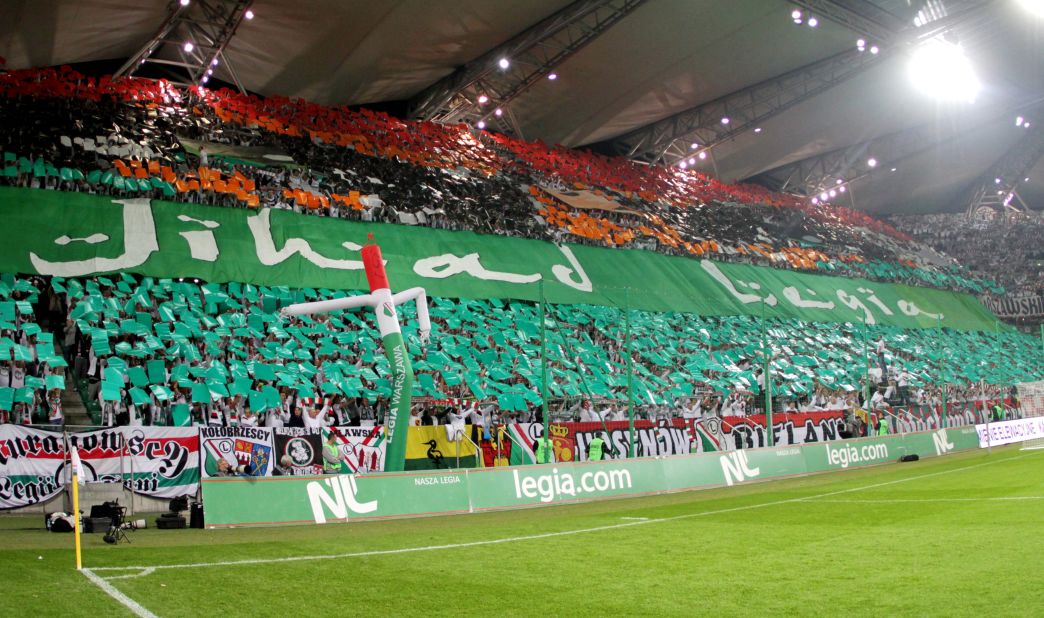 This banner was held aloft by Legia Warsaw fans during the game with Hapoel Tel Aviv. The banner, which had the Arabic word "Jihad" emblazoned on it, was used to incite visiting supporters.