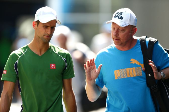Becker (right) in conversation with Djokovic at the 2014 Australian Open in Melbourne, where he lost in the quarterfinals. The 46-year-old German is one of several former grand slam champions to recently take up a coaching role with a top player.