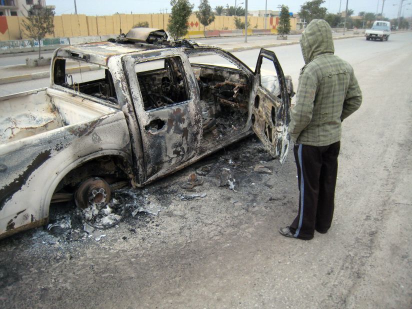 A police truck was burned in the main street of Falluja after clashes between Iraqi security forces and al Qaeda fighters on Sunday, January 5.