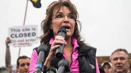 WASHINGTON, DC - OCTOBER 13:  Former Alaskan Governor Sarah Palin speaks at a rally supported by military veterans, Tea Party activists and Republicans, regarding the government shutdown on October 13, 2013 in Washington, DC.  The rally was centered around re-opening national memorials, including the World War Two Memorial in Washington DC, though the rally also focused on the government shutdown and frustrations against President Obama.  (Photo by Andrew Burton/Getty Images)