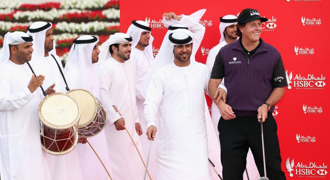 World No.5 Phil Mickelson puts on his dancing shoes as he appears on stage for a traditional Al Razfa performance with a golfing twist.