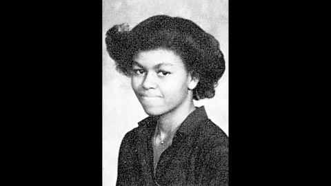 Obama's 1980 yearbook photo from Whitney Young High School in Chicago. The magnet school was far from her home on the south side of the city, and her round-trip commute was three hours.
