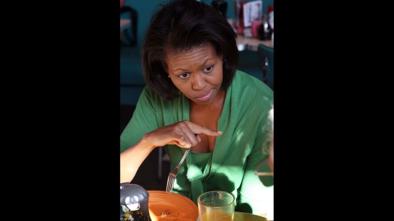 Michelle Obama has breakfast at Pamela's Diner in Pittsburgh in April 2008.