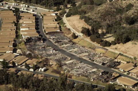 This is an aerial view of Los Angeles houses that were destroyed by fire after the quake.