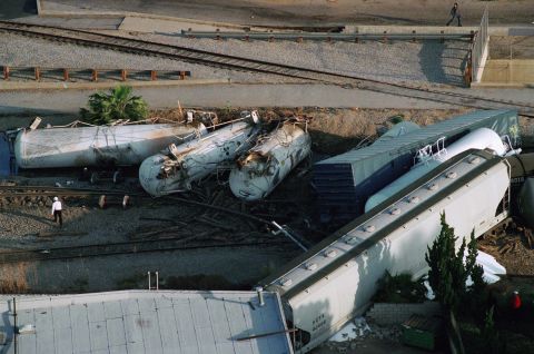A 64-car freight train carrying hazardous materials was derailed between the Chatsworth and Northridge sections of the San Fernando Valley, about 30 miles north of downtown Los Angeles.