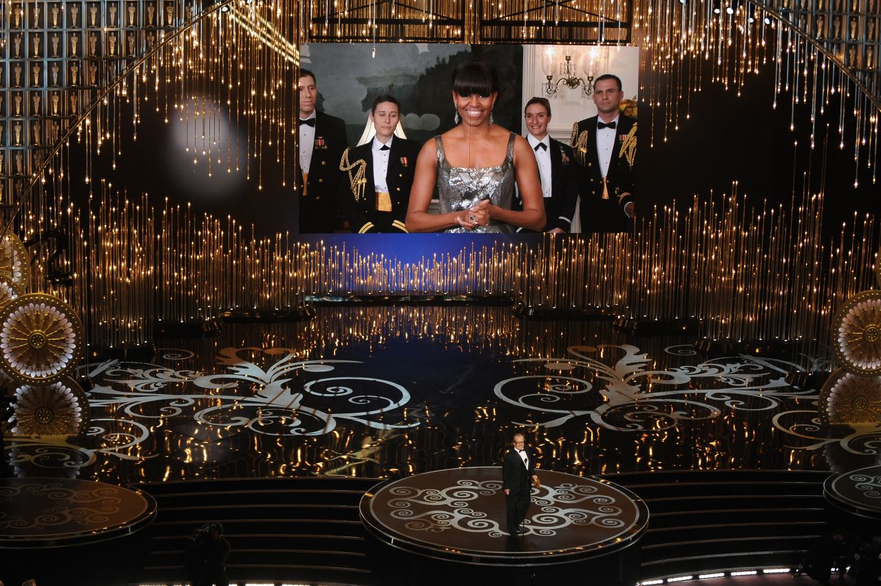 Obama, via satellite, announces the Oscar for best picture at the end of the Academy Awards show in February 2013.