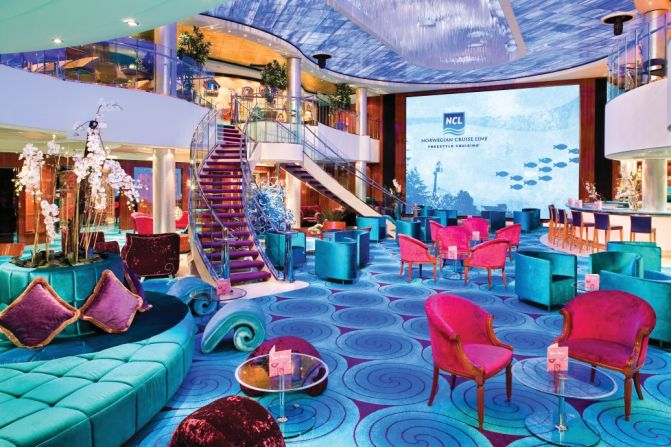 The main atrium of the Norwegian Pearl. This venue will host "Shiprocked's" giant video wall as well as performances from musicians, comedians and dancers.