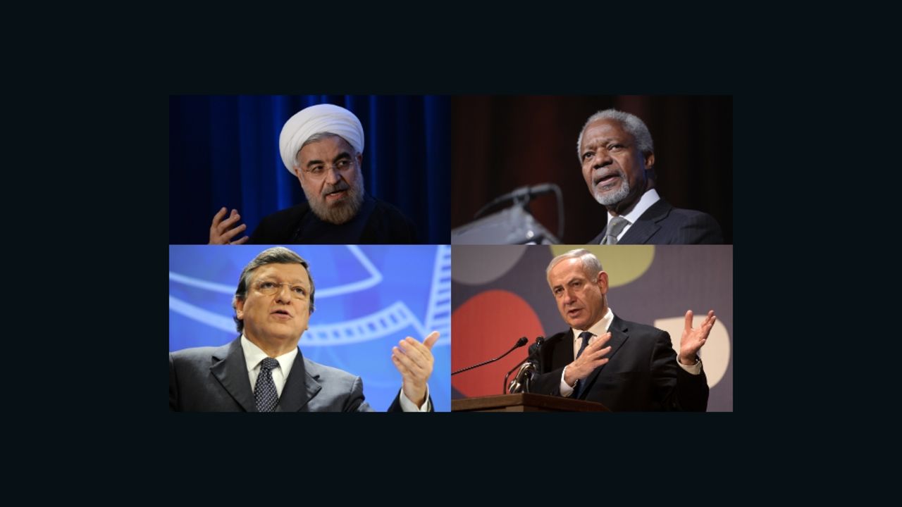 Iranian President Hassan Rouhani, Kofi Annan, Israel's PM Benjamin Netanyahu and EU's Manuel Barrosso