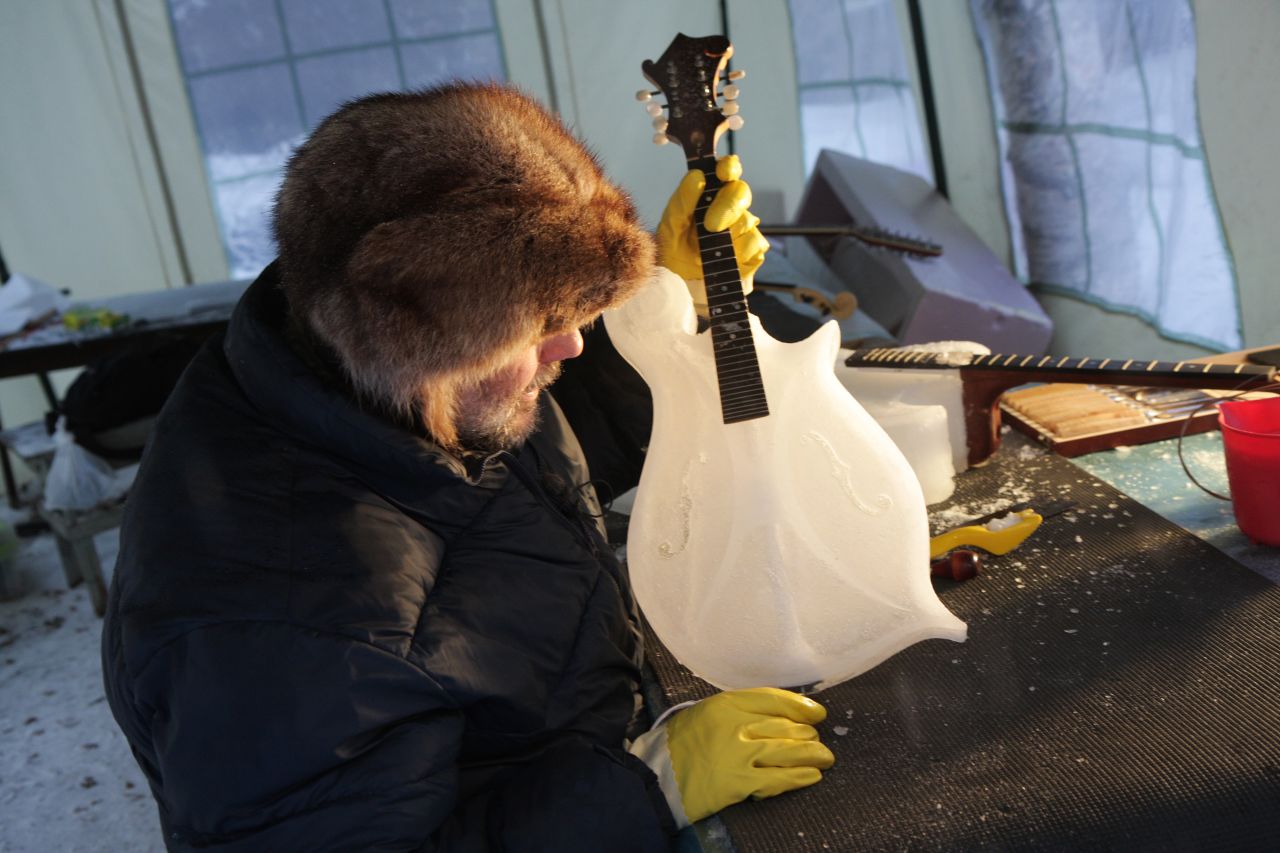 American expat Tim Linhart carves all the orchestra's ice instruments in a shelter in his garden each winter. And, no, there's no heater under that bench.