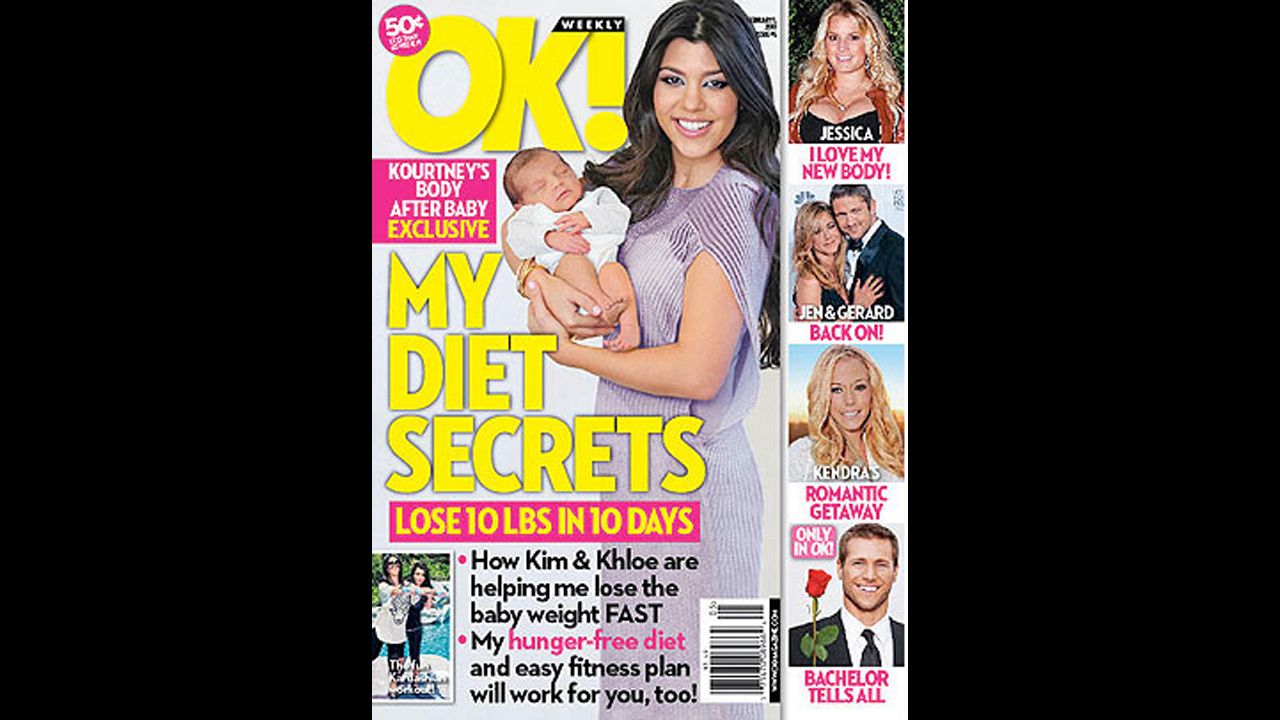 OK! Magazine's February 1, 2010, issue featured new mom Kourtney Kardashian and was shot just seven days after her newborn's birth, WWD reports. Kardashian told WWD, "They doctored and Photoshopped my body to make it look like I have already lost all the weight, which I have not." She also tweeted, "One of those weeklies got it wrong again...they didn't have an exclusive with me. And I gained 40 pounds while pregs, not 26...But thanks!"