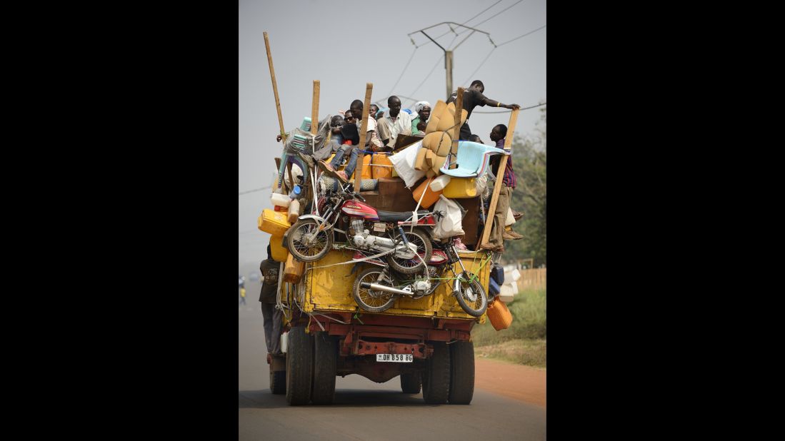 A truck packed with Muslim civilians and their belongings leaves Bangui on January 18. 