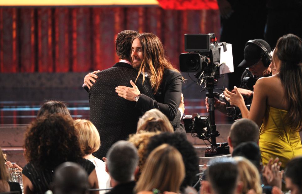 Matthew McConaughey, left, embraces Jared Leto after winning the award for outstanding performance by a male actor in a leading role for "Dallas Buyers Club." Leto won best supporting actor for his role in the film.