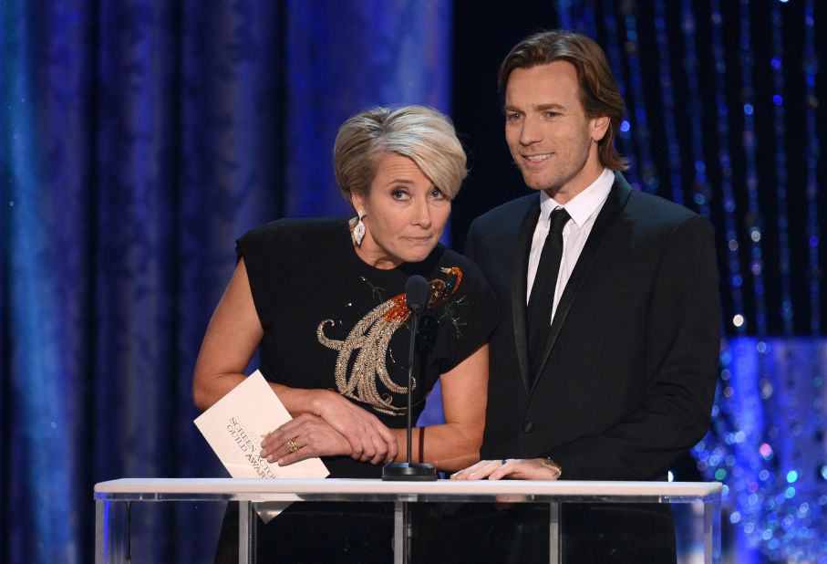 Emma Thompson and Ewan McGregor present the award for male actor in a TV movie or miniseries. It went to Michael Douglas for his role in "Behind the Candelabra."