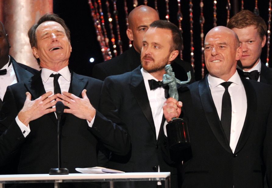 From left, Bryan Cranston, Aaron Paul and Dean Norris accept the award for outstanding performance by an ensemble in a drama series for "Breaking Bad."
