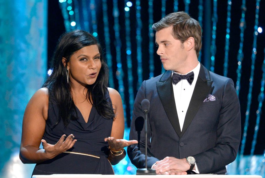 Mindy Kaling and James Marsden present the award for best actress in a drama series. It went to Maggie Smith for her role in "Downton Abbey."