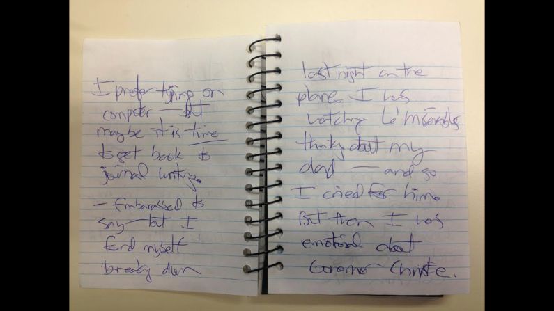 CNN received images of journal entries from Hoboken Mayor Dawn Zimmer's office that Zimmer said she wrote in May 2013. This entry reads, "I prefer typing on computer -- but maybe it's time to get back to journal writing. Embarrassed to say -- but I found myself breaking down last night on the plane. I was watching Les Miserables thinking about my dad -- and so I cried for him. But then I was emotional about Governor Christie."