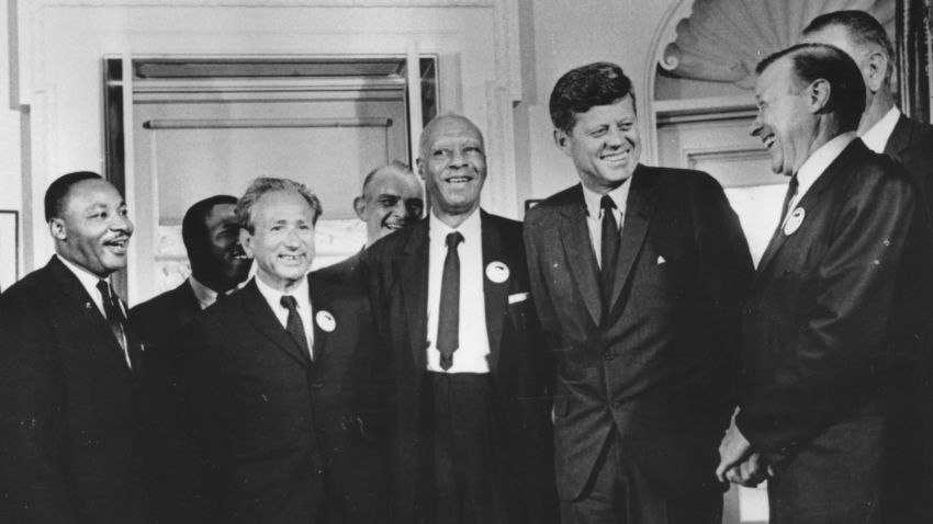 American president John F. Kennedy in the White House in August 1963 with leaders of the civil rights 'March on Washington' (left to right) Whitney Young, Dr Martin Luther King (1929 - 1968), Rabbi Joachim Prinz, A. Philip Randolph, President Kennedy, Walter Reuther (1907 - 1970) and Roy Wilkins.