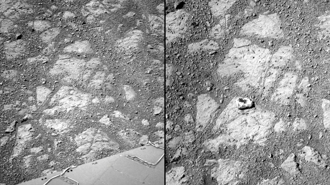La roca de la imagen derecha, tomada por el vehículo exploratorio Opportunity, no estaba ahí 12 días antes (imagen izquierda). Ahora los investigadores dicen que es un trozo de una roca mayor, la cual el Opportunity quebró y movió con su rueda a principios de enero. Más imágenes del vehículo muestran la roca original que su rueda debió haber golpeado.