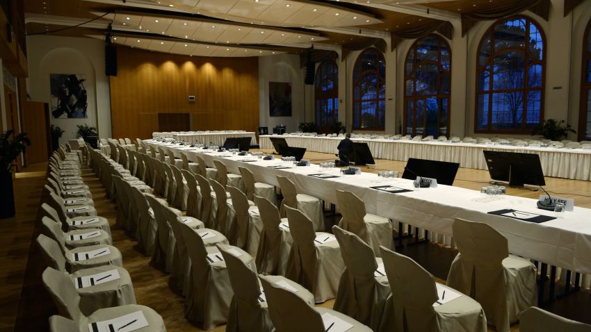 A picture taken on January 20, 2014 in Montreux shows the Syria peace conference room at the conference centre "Le Petit Palace" as part of the Montreux-Palace, the hotel that will host from wednesday the so-called Geneva II peace talks. AFP PHOTO/PHILIPPE DESMAZESPHILIPPE DESMAZES/AFP/Getty Images