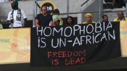 Banners in protest at the Anti-Gay Marrage Law recently passed in Nigeria are displayed in the crowd during the 2014 African Nations Championship match between South Africa and Nigeria at Cape Town Stadium on January 19, 2014 in Cape Town, South Africa.