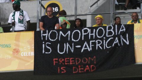 Banners held up in protest after Nigeria passed its controversial Same Sex Marriage Prohibition act in 2014, which threatens LGBTQ+ Nigerians with 14 years in prison. 