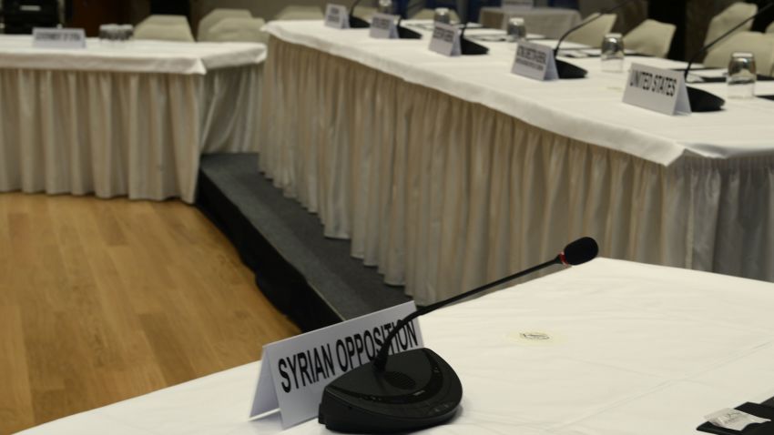 A picture taken on January 20, 2014 in Montreux shows the place of the Syrian opposition representative in the Syria peace conference room at the conference centre "Le Petit Palace" as part of the Montreux-Palace, the hotel that will host from wednesday the so-called Geneva II peace talks. AFP PHOTO/PHILIPPE DESMAZESPHILIPPE DESMAZES/AFP/Getty Images