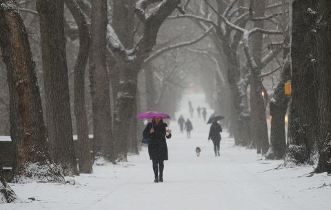 People walk with umbrellas through snow fall in New York on January 21.