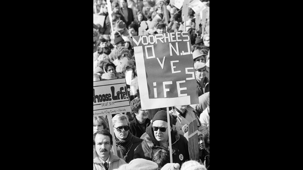Supporters of the anti-abortion movement rally on January 23, 1984, on the Ellipse in front of the White House to listen to speakers and begin the March for Life on the 11th anniversary of legalized abortion.