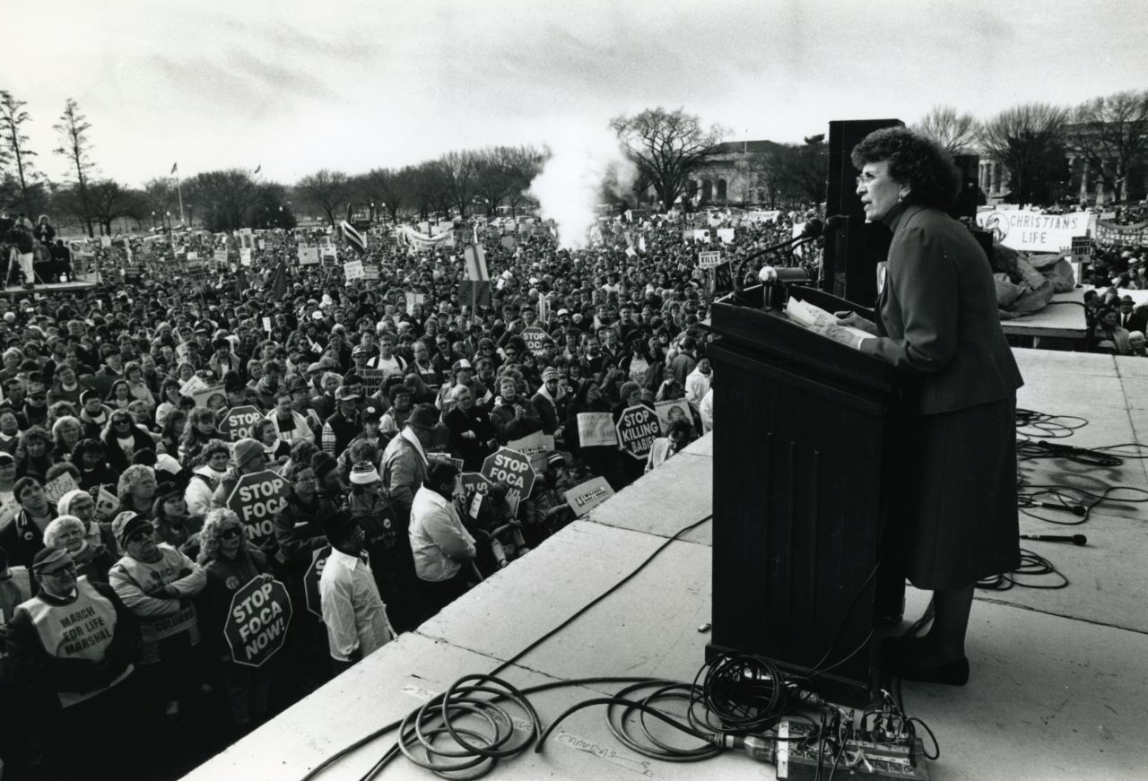 Nellie Gray speaks at the Right to Life rally on the Ellipse in Washington on January 22, 1993. For its first 40 years, the march was marshaled by Gray, an occasionally irascible Catholic who had little use for modern technology, political compromise or the mainstream media. Gray died in her home office in 2012 at 88. She is succeeded by Jeanne Monahan.