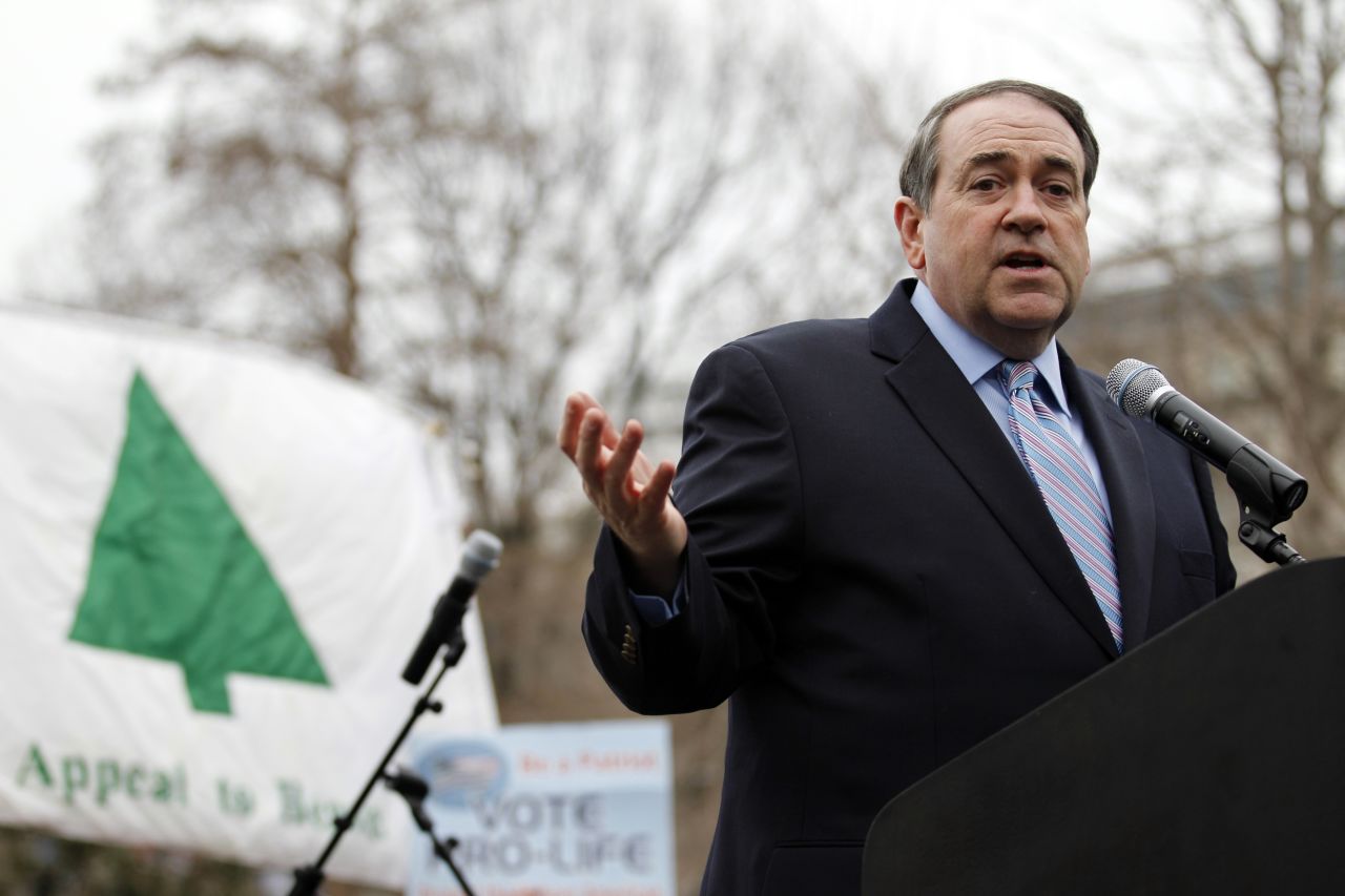 Former Arkansas Gov. Mike Huckabee speaks during a anti-abortion rally at Lafayette Park in Washington on January 22,  2012. "In past years, our rally has gone on for two or three hours and people lost interest," Monahan says. So, instead of boring speeches, the rally this year will feature a live concert by Matt Maher, a Catholic singer-songwriter with a huge following among young Christians.