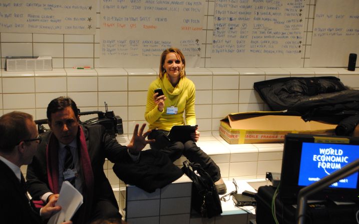 Nina dos Santos finding that space is at a premium in CNN's Davos workspace.
