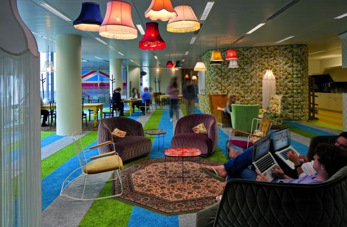 Google's playful branding extends to its London headquarters, where designers created a cozy atmosphere that beckons employees to kick up their feet and relax. It's thought that inviting spaces, such as the so-called 'Granny Flat', above, will encourage innovation with its rocking chairs and floral print walls. 