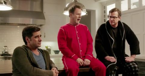 Former "Full House" stars, from left, John Stamos, Dave Coulier and Bob Saget got together again for a Dannon Oikos commercial for Super Bowl 2014. 