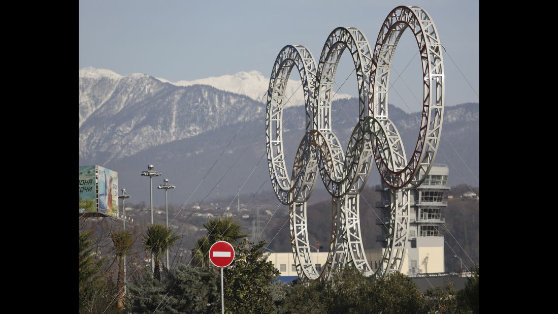 The Olympic rings for the 2014 Winter Olympics are installed in Sochi on September 25, 2012.   