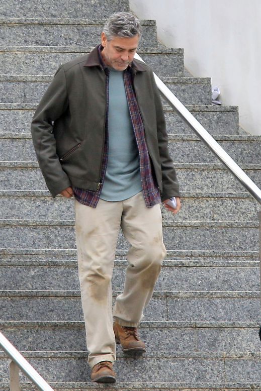 George Clooney takes a break while filming "Tomorrowland"  in Valencia, Spain on January 22. 