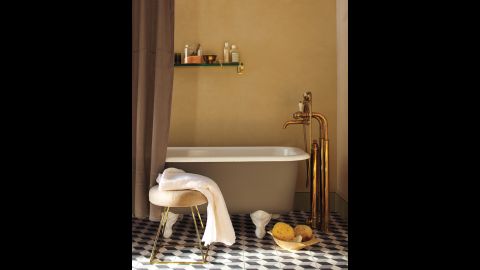 Create a romantic, luxurious mood in a bathroom with just a few brass touches like this striking exposed tub filler, which combines old world elegance with modern craftsmanship. Since the minerals found in tap water can spot unlacquered brass, be sure to wipe away droplets with a soft cloth. 