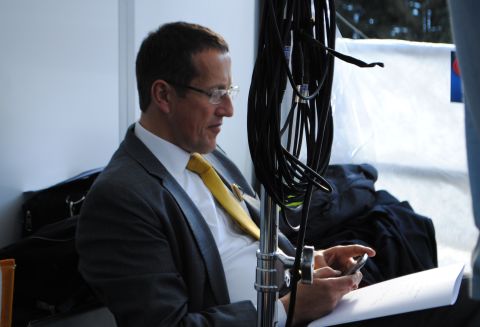 Richard Quest taking a quiet moment before going on air at Davos.
