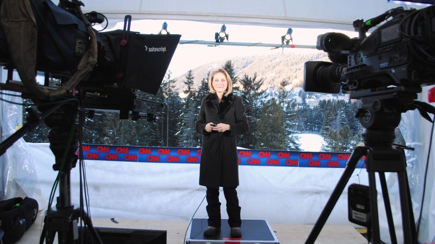 Nina dos Santos getting ready to go on air at Davos.