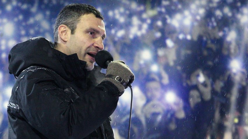 Head of UDAR (Punch) political party and one of the leader of Ukrainian opposition Vitalii Klitschko speaks during a mass rally on Independence Square in Kiev on January 22, 2014. Ukrainian police on Wednesday stormed protesters' barricades in Kiev amid violent clashes that left five activists dead, the first fatalities in two months of anti-government protests. Pitched battles raged in the centre of the Ukrainian capital as protesters hurled stones and Molotov cocktails at police and the security forces responded with tear gas, stun grenades and rubber bullets. AFP PHOTO/ POOL/ ANATOLIY STEPANOVANATOLIY STEPANOV/AFP/Getty Images