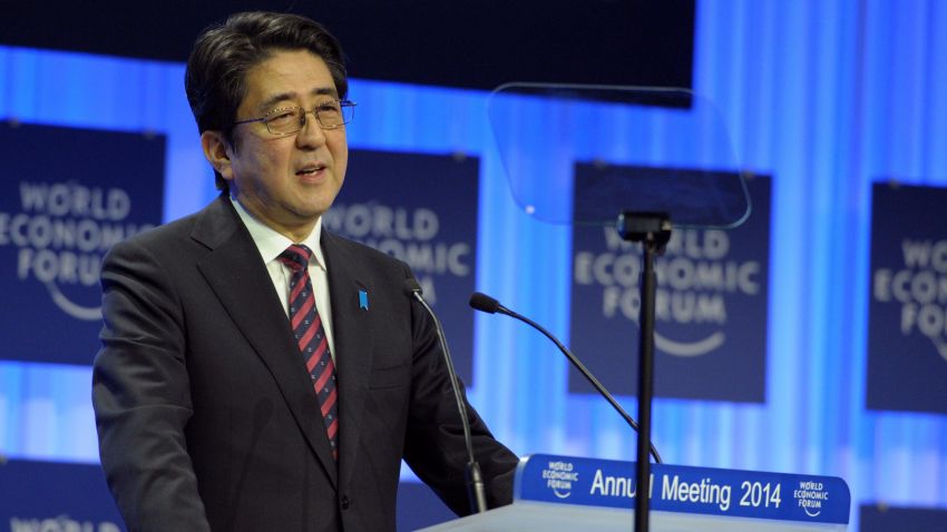 Japanese Prime Minister Shinzo Abe delivers his special address during the opening session of the World Economic Forum in Davos on January 22, 2014. Top bosses and economists warned the global elite not to get over-excited by a gradual economic upturn in Europe, which one chief executive branded an "emerging country." AFP PHOTO/ERIC PIERMONTERIC PIERMONT/AFP/Getty Images